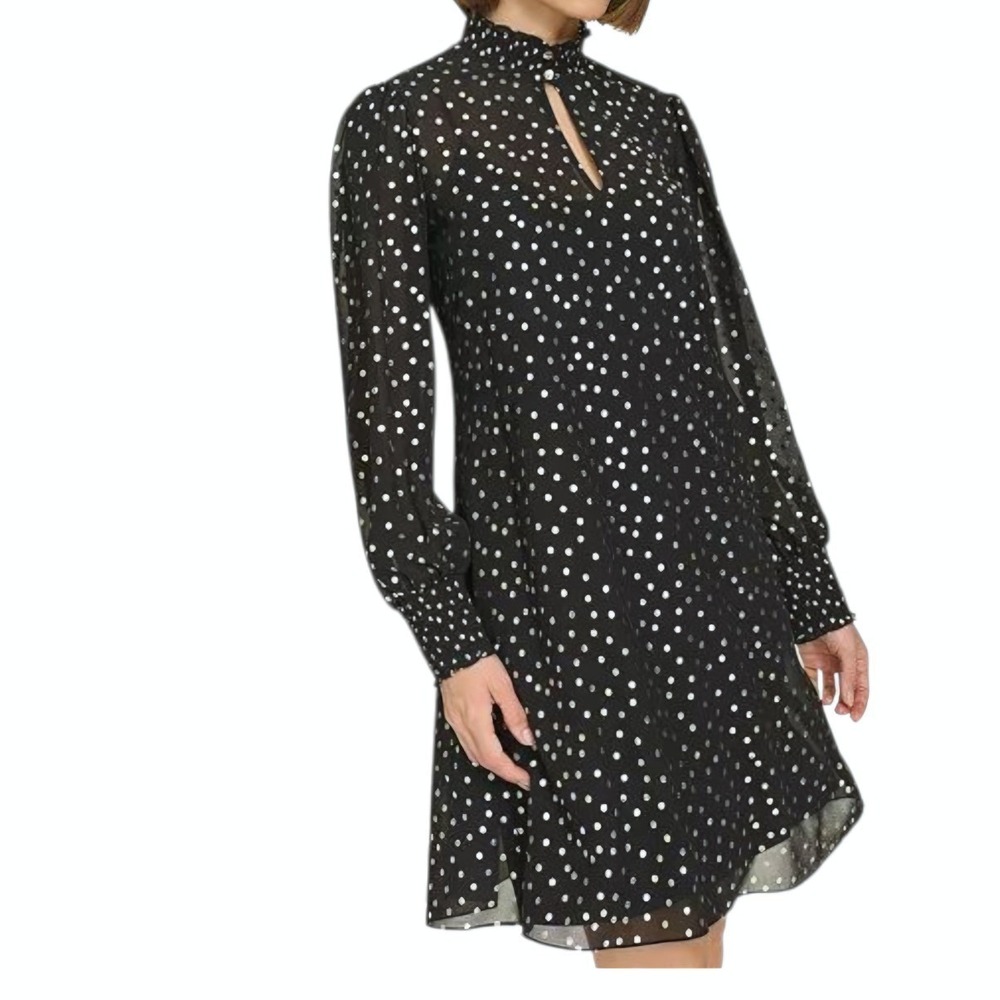 Tommy Hilfiger Women's Foil Dot Chiffon Smocked Trim Dress Black Size 2